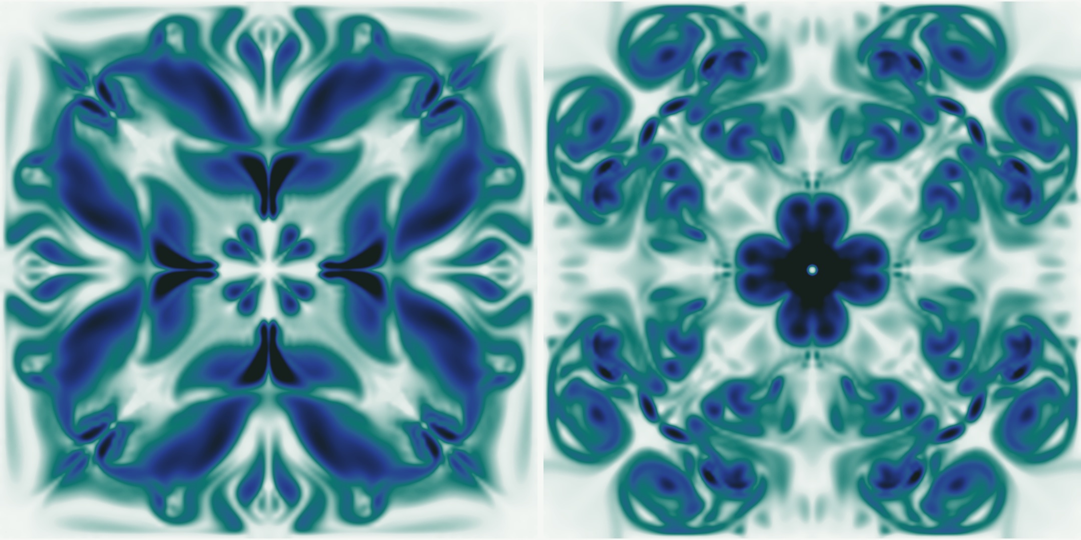 Two vorticity-magnitude slices from the 129-cubed Taylor-Green vortex DNS: organised vortex structures at t = 7.5, and fine-scale turbulence at t = 10.